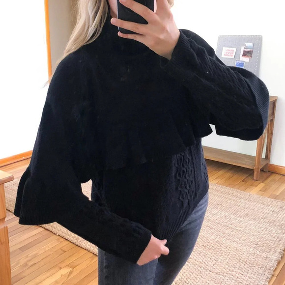 Project Naadam Black Cotton Acrylic Blend Ruffled Mock Neck Knit Sweater Medium - Picture 1 of 11